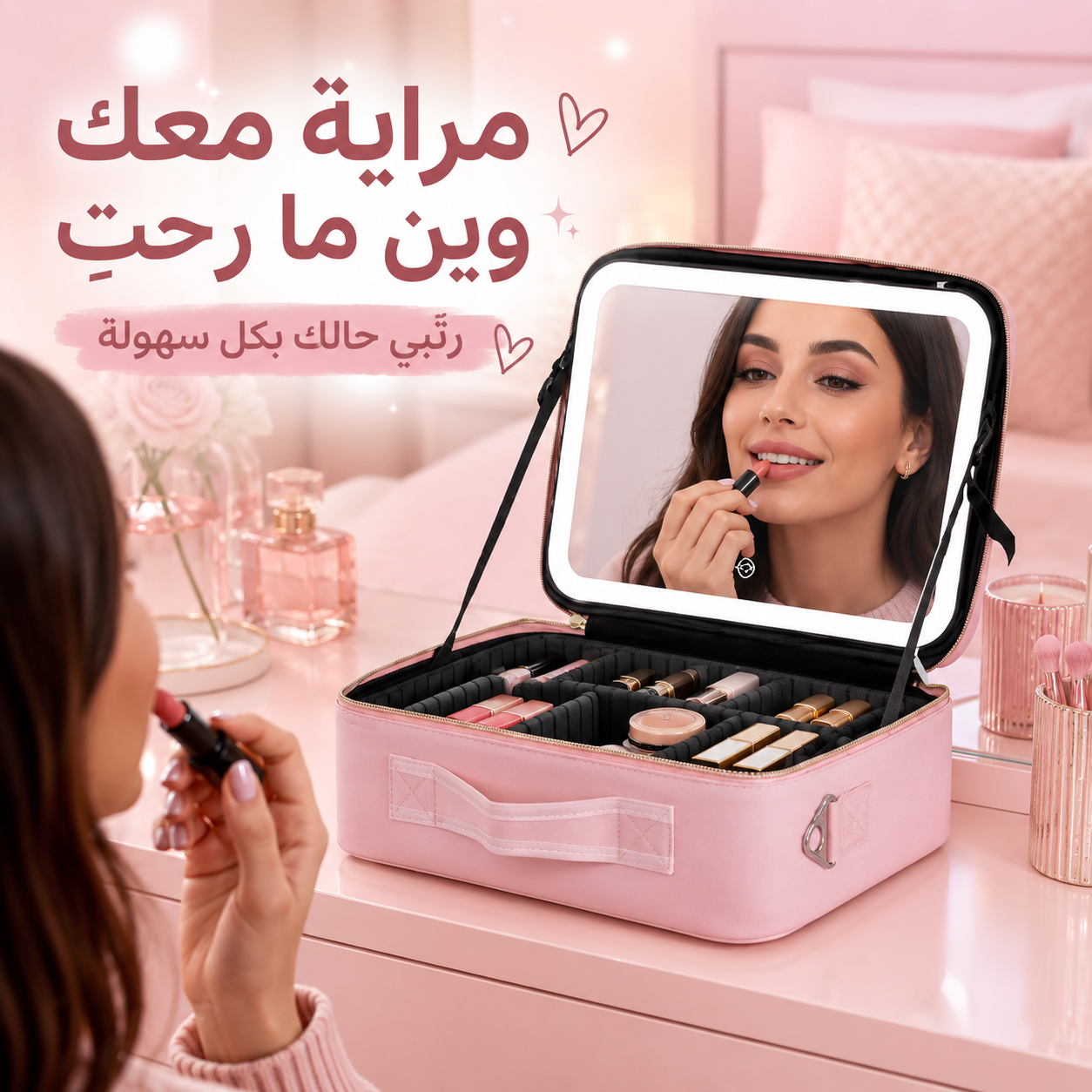 شنطة المكياج العملية بترافقِك وين ما رحتِ 👛 🪞 مراية كبيرة وواضحة